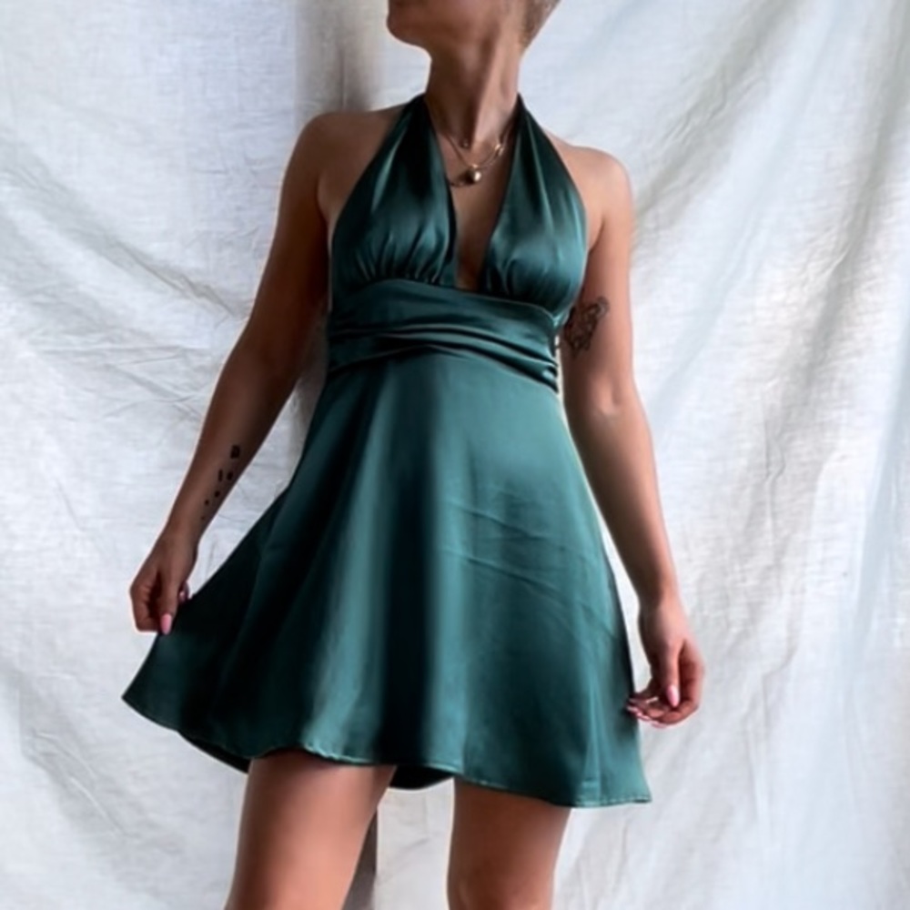 Garage Satin Forest Green Halter Dress
